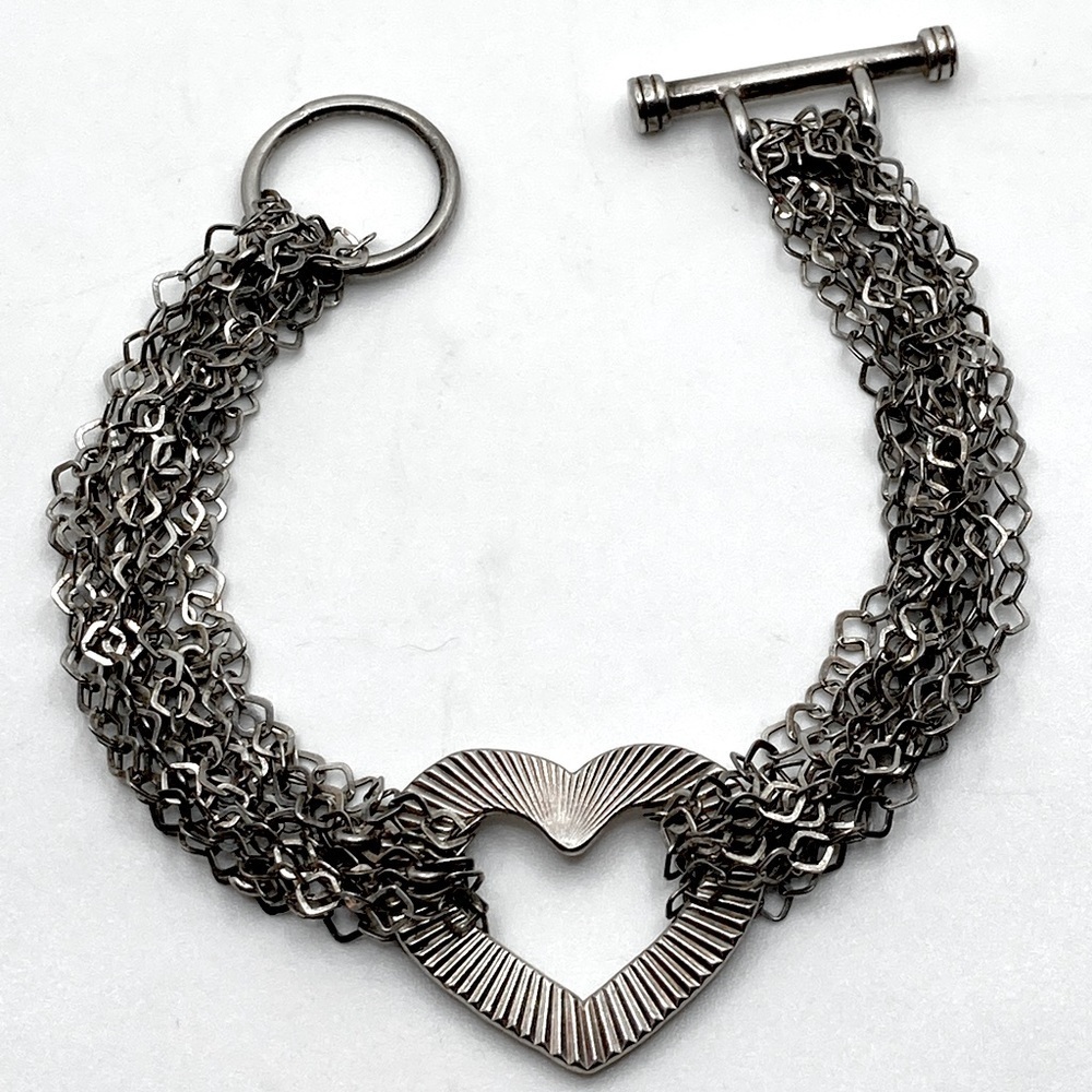 Vtg Sterling Silver Multi Strand Textured Heart Toggle Clasp Bracelet 7.5” - Picture 2 of 6